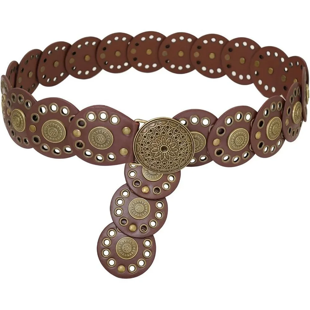 Women Western Leather Belt Disk Concho Boho Waist Accessory for Dresses